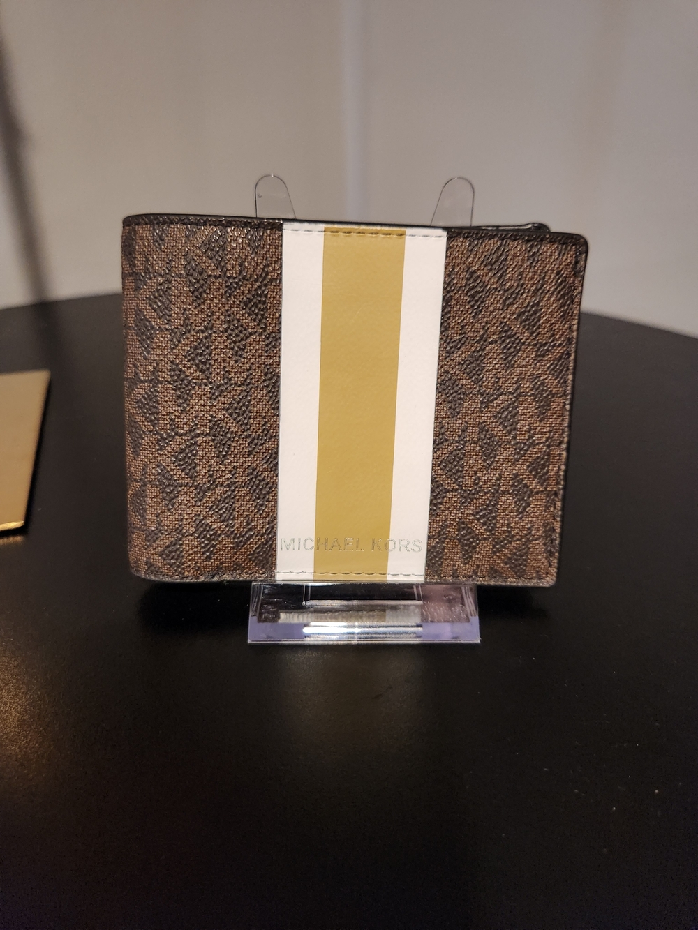 Michael Kors Signature Bifold Wallet in Brown with White & Yellow Stripe